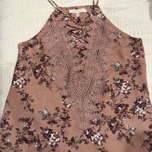 WAYF Floral Lace-Up Top in Dusty Rose and Brown